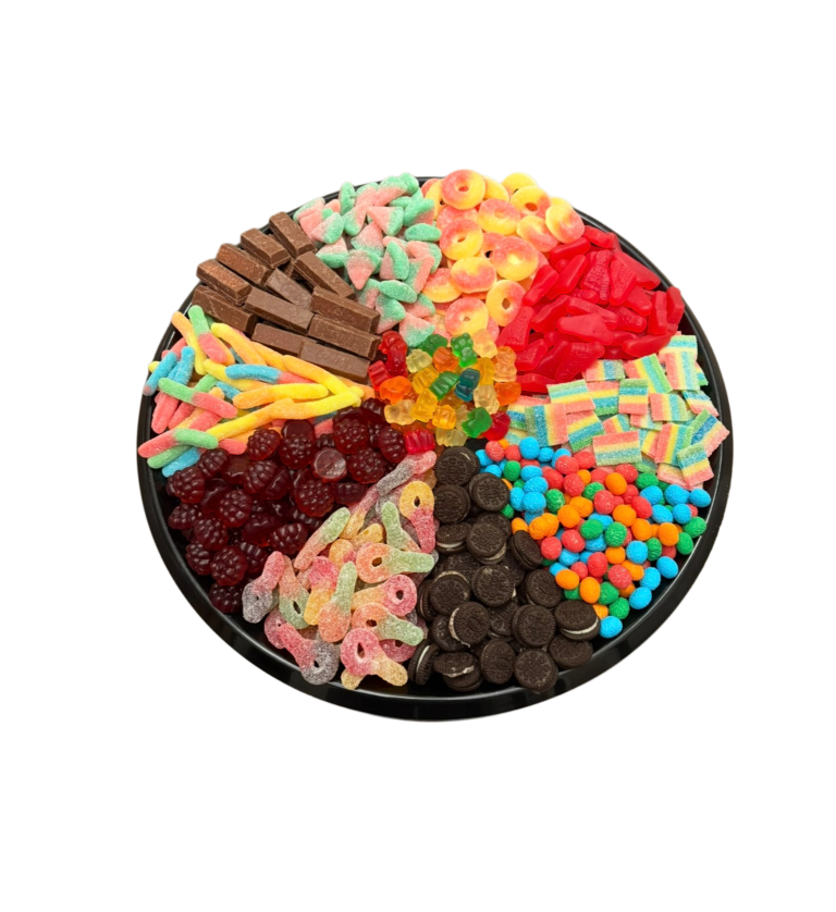 Round Platters - A customizable round candy platter featuring popular candies and chocolate in multiple sections, available in premium or regular options. - Sweet Thingzz Toronto